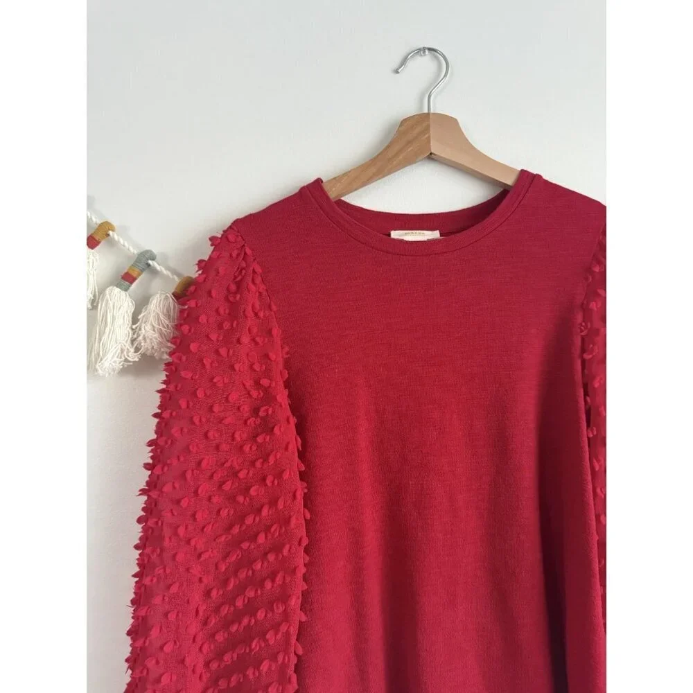 Anthropologie Maeve Textured Slub Cotton Puff Sleeve Top Red Boho Relaxed Fit XS
